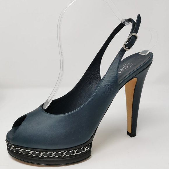 CHANEL Navy Blue Leather Chain Link Slingback Peep Toe Pumps Heels - Picture 3 of 11